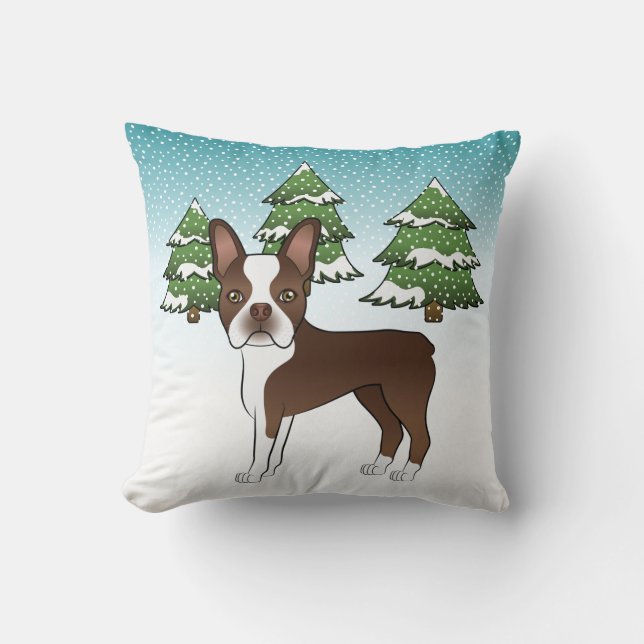 Schokolade Brown Boston Terrier in einem Winterwal Kissen (Vorderseite)