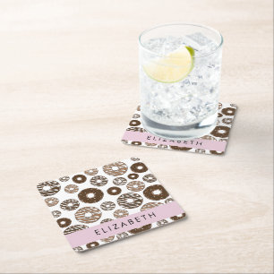 Schokolade Donuts, Karamellabüsse, Icing, Ihr Name Rechteckiger Pappuntersetzer