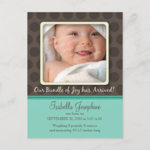 Schokolade Dots Baby Birth Announcement (aqua) Ankündigungspostkarte