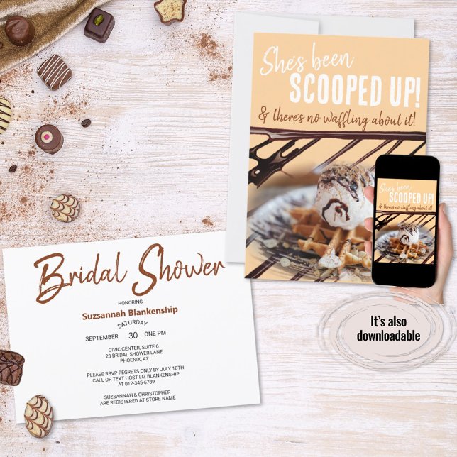 Schokolade-Eiscremesuppe auf einem Waffeln Einladung (Ice cream and waffle bridal shower invitation ready for personalization. )