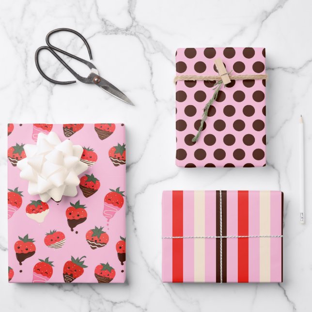 Schokolade Erdbeeren Liebe Wrapping Paper Set 3 Geschenkpapier Set (Vorderseite)