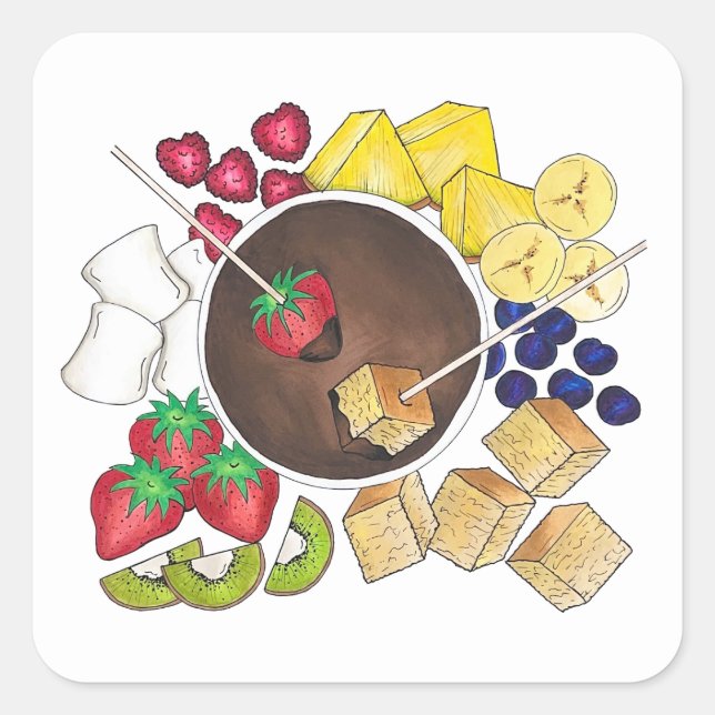 Schokolade Fondue Pot Retro Dessert Food Fruchtkuc Quadratischer Aufkleber (Vorderseite)