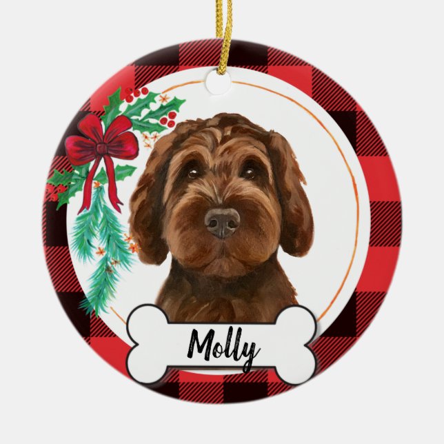 Schokolade Labradoodle / Schokolade Goldendoodle Keramik Ornament (Vorne)