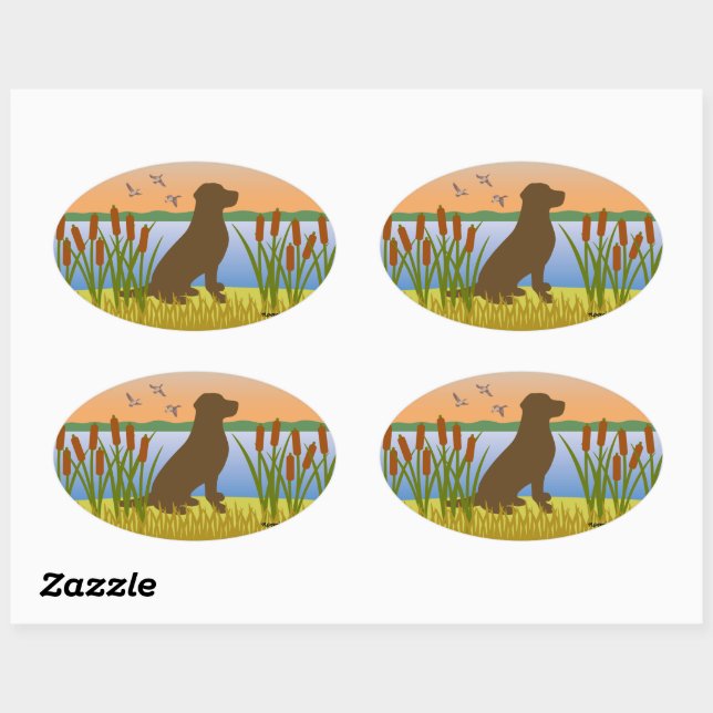 Schokolade Labrador Bird Dog Sunset Ovaler Aufkleber (Blatt)