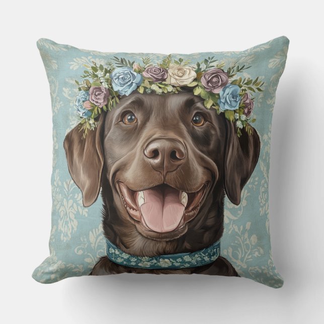 Schokolade Labrador Hund Blue Floral Kissen (Vorderseite)