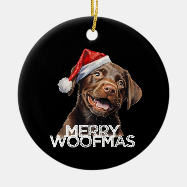 Schokolade Labrador Hund Weihnachtsmannmütze MERRY Keramik Ornament (Vorne)