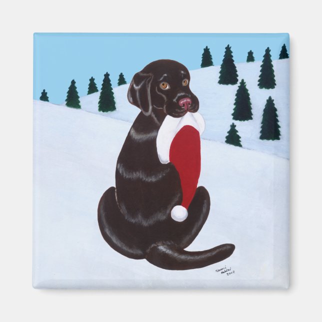 Schokolade Labrador mit Weihnachtsmannmütze Snowfl Magnet (Vorne)