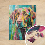 Schokolade Labrador Portrait Farbenfrohe Abstrakte<br><div class="desc">Ein spielerisches, modernes Kunstportrait eines schokoladenfarbenen Labradors, der mit knalligen, hellen Farben, darunter aquamarin, gelb, rosa und grün, gemalt wurde. Die lebhafte Farbpalette und die ausdrucksvollen Pinselstriche verleihen dem Hund ein kraftvolles, fröhliches Aussehen, das den Haustierporträts eine lustige und fantasievolle Drehung verleiht. Dieses lebhafte und farbenprächtige Stück vereint die Persönlichkeit...</div>