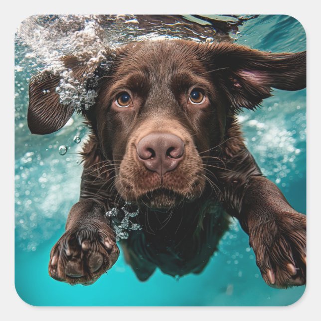 Schokolade Labrador Schwimmen unter Wasser Quadratischer Aufkleber (Vorderseite)