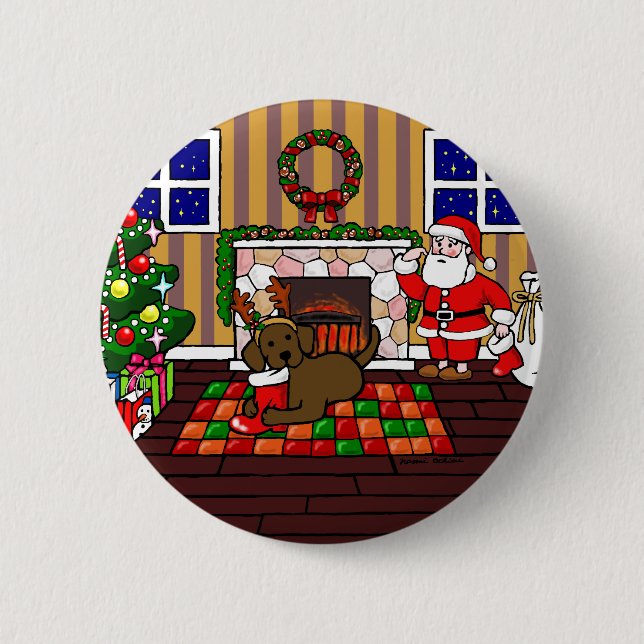 Schokolade Labrador und Sankt-WeihnachtsCartoon Button (Vorderseite)