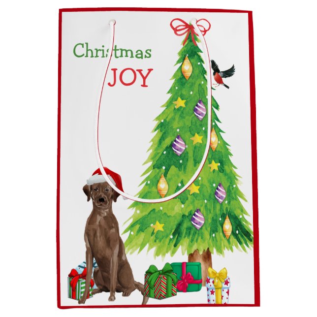 Schokolade Labrador Weihnachtsmannmütze Welpe und  Mittlere Geschenktüte (Vorderseite)