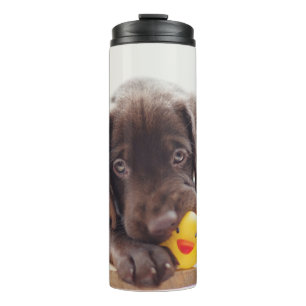 Schokolade-Labrador-Welpe mit Spielzeugente Thermosbecher
