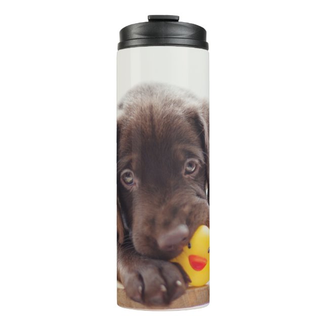 Schokolade-Labrador-Welpe mit Spielzeugente Thermosbecher (Vorderseite)