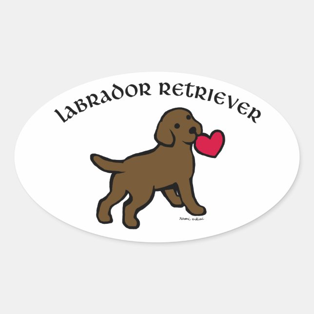 Schokolade Labrador Welpe und Rotes Herz Ovaler Aufkleber (Vorderseite)