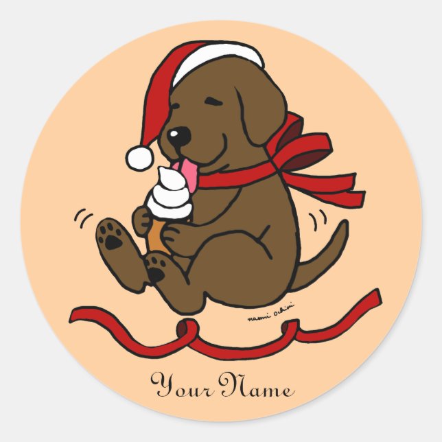 Schokolade Labrador Welpe Weihnachts Cartoon Stick Runder Aufkleber (Vorderseite)