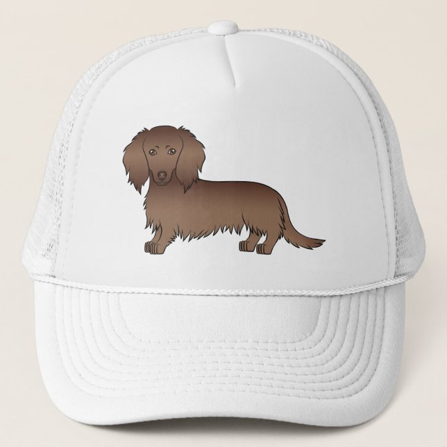 Schokolade Langhaar Dackel Niedlich Cartoon Hund Truckerkappe (Vorderseite)