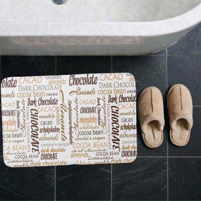 Schokolade, Mandeln und dunkle Schokolade Badematte (Multilingual chocolate typography word cloud bath mat)