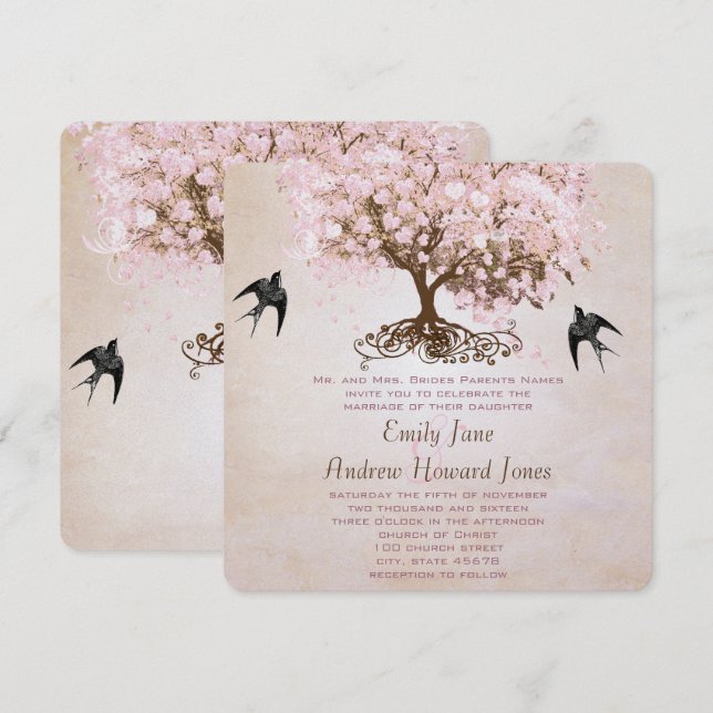 Schokolade Misty Pink Heart Leaf Tree Love Birds Einladung (Vorne/Hinten)