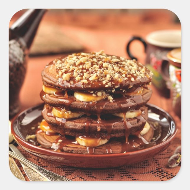 Schokolade mit Bananen und Karamelll Quadratischer Aufkleber (Vorderseite)
