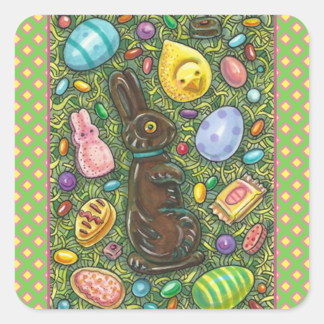 SCHOKOLADE OSTBUNNY, CHICK, EIER, GELLY BEANS QUADRATISCHER AUFKLEBER (Vorderseite)