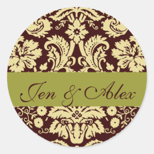 Schokolade Pistachio Bride Groom Damask Hochzeit Runder Aufkleber