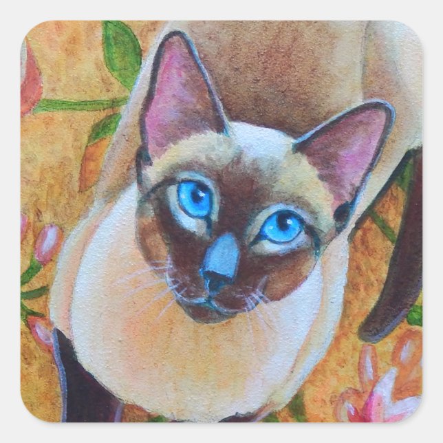 Schokolade Point Siamese Katze auf Blumenrug Quadratischer Aufkleber (Vorderseite)