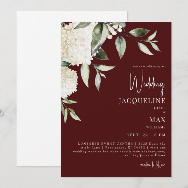 Schokolade, Red White Hydrangeas Hochzeit Einladung (Vorne/Hinten)