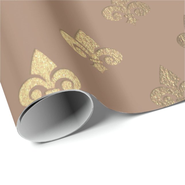 Schokolade Sepia Gold Metallic Fleur-de-lis Geschenkpapier (Rolleneckpunkt)