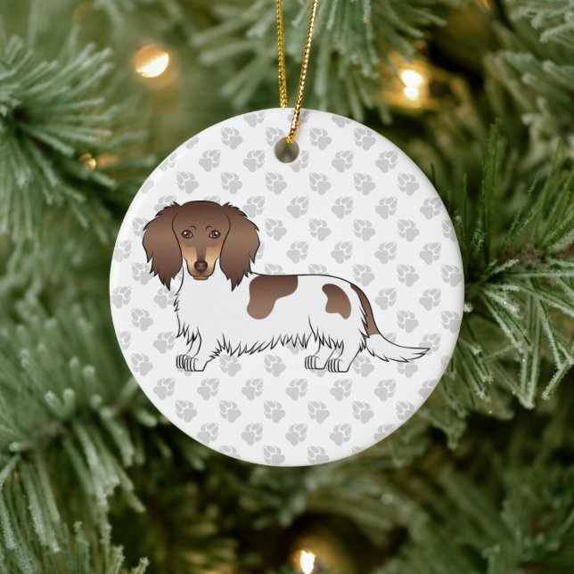 Schokolade & Tan Piebald Long Hair Dackel & Text Keramik Ornament (Baum)
