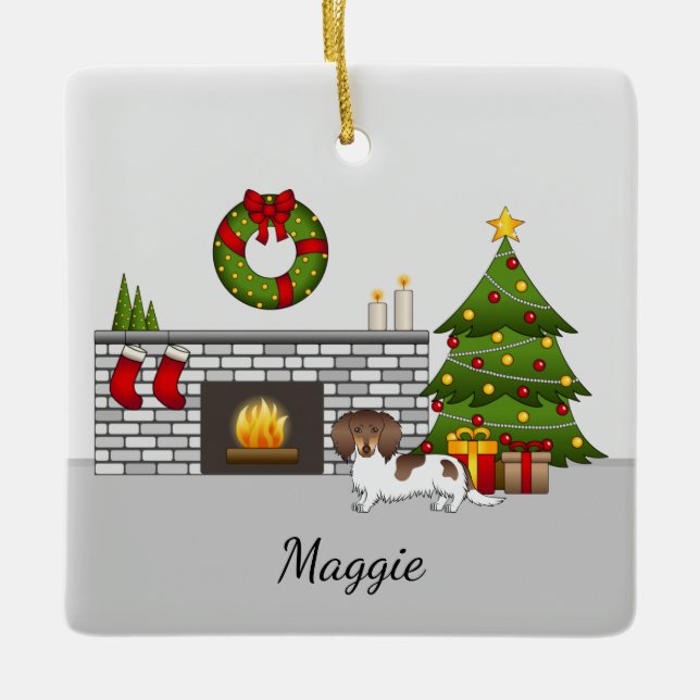Schokolade & Tan Pied Long Hair Dackel Weihnachten Keramikornament (Vorderseite)