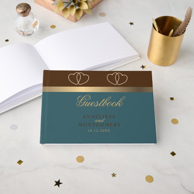 Schokolade und Dunkelheit Aquamarin mit Goldherzen Gästebuch (Vorderseite Offen)