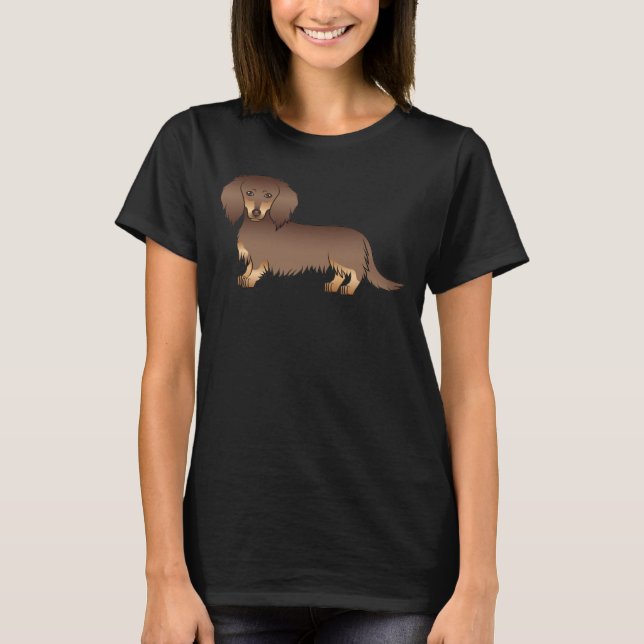 Schokolade und Tan Long Hair Dackel Cartoon Dog T-Shirt (Vorderseite)