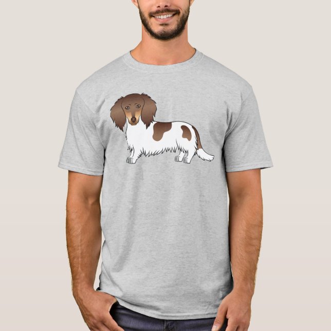 Schokolade und Tan Piebald Lange Haare Dackel Hund T-Shirt (Vorderseite)