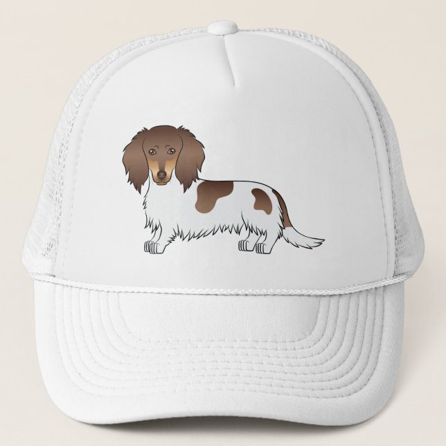 Schokolade und Tan Piebald Lange Haare Dackel Hund Truckerkappe (Vorderseite)