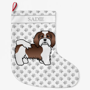 Schokolade und weißer Havanese Cartoon Hund & Name Großer Weihnachtsstrumpf