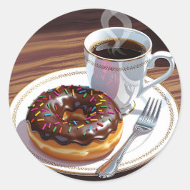 Schokoladen-Glasur-Donut und Kaffee Runder Aufkleber