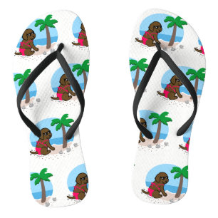 Schokoladen-Labrador-Mädchen-Sommer-Ferien drehen Flip Flops