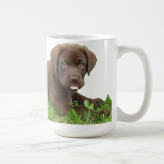 Schokoladen-Labrador-Welpe mit Haltung Kaffeetasse