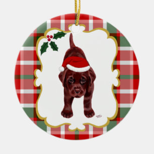 Schokoladen-Labrador-Welpe mit Weihnachtsmannmütze Keramikornament
