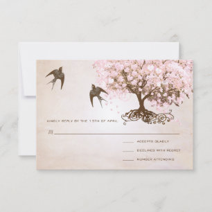 Schokoladen-Nebel-Rosa-Herz-Blatt-Baum-Liebesvögel RSVP Karte