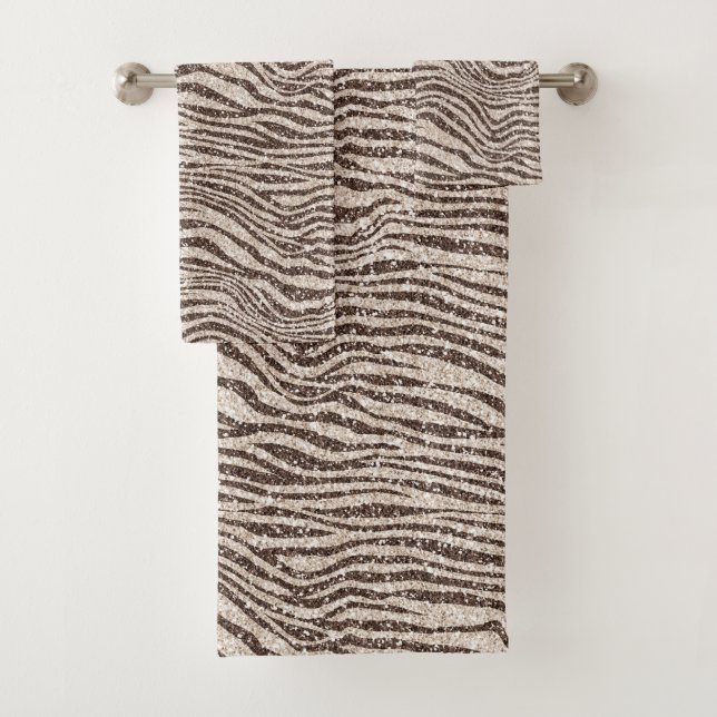Schokoladenbraun Creme Blush Zebra Glitzer    Badhandtuch Set (Insitu)
