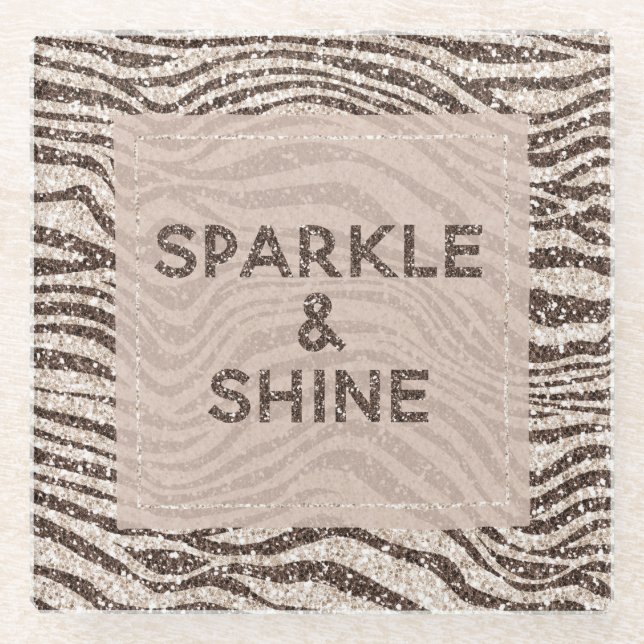 Schokoladenbraun Creme Blush Zebra Glitzer Glasuntersetzer (Vorderseite)