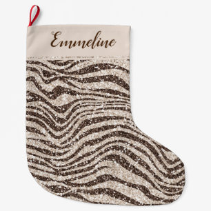 Schokoladenbraun Creme Blush Zebra Glitzer Großer Weihnachtsstrumpf