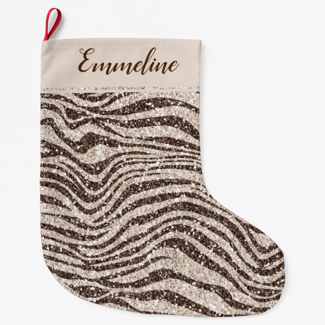 Schokoladenbraun Creme Blush Zebra Glitzer Großer Weihnachtsstrumpf (Vorderseite)