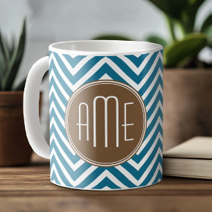 Schokoladenbraun- und Türkis-Chevron-Muster mit Mo Kaffeetasse