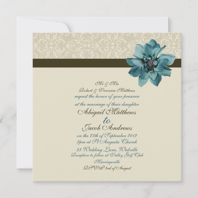 Schokoladenbraune aquamarine blaue Blumen-Hochzeit Einladung (Vorderseite)