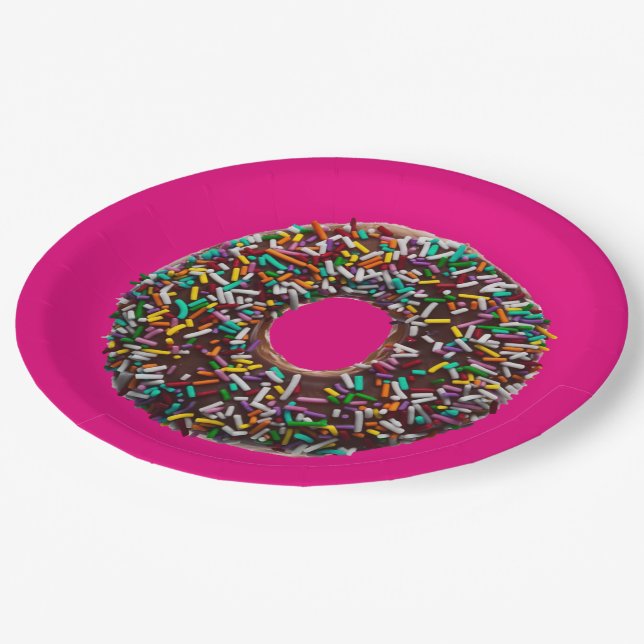 SchokoladenDonut mit bunten Sprinklen Pappteller (Schrägansicht)