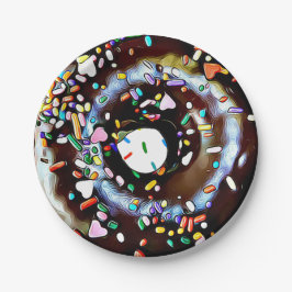 SchokoladenDonut mit Sprinkles, Kuchen, Papierplat Pappteller