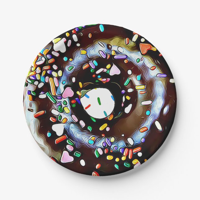 SchokoladenDonut mit Sprinkles, Kuchen, Papierplat Pappteller (Vorderseite)