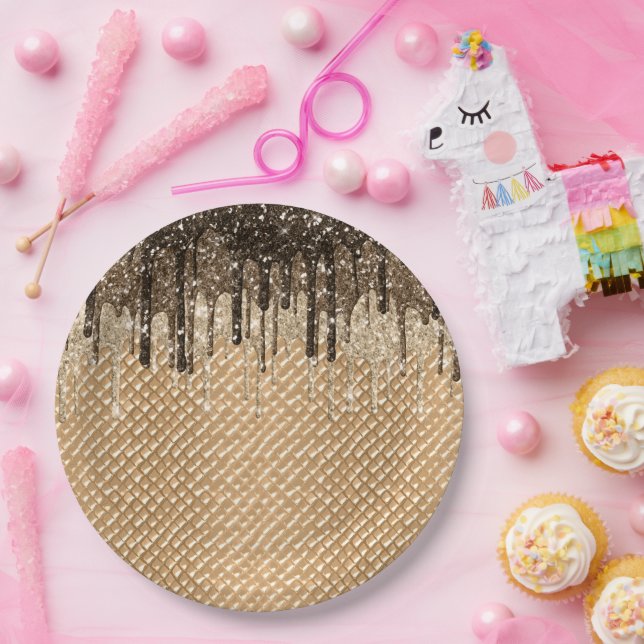 Schokoladeneis Creme Cone Glitzer Tropfen Pappteller (Party)